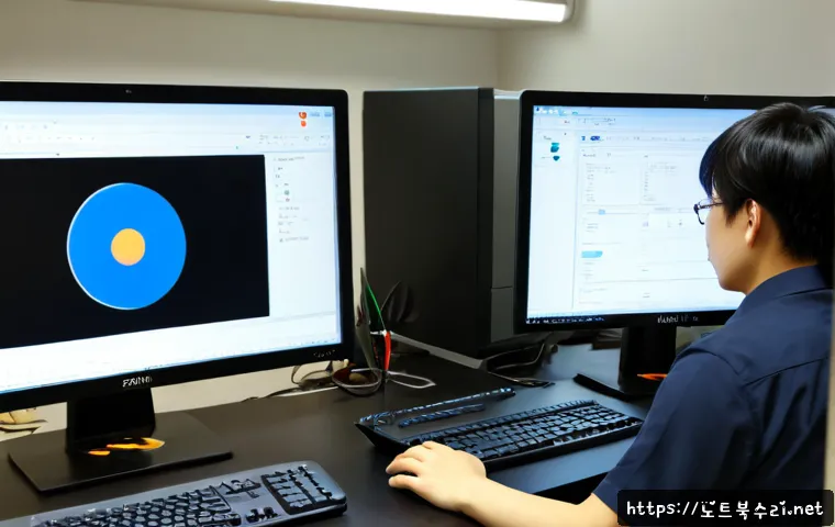 김포동 STATUS_INVALID_PAGE - Photorealistic IT support workstation in a compact Kimpo-dong apartment office, dual monitors showin...