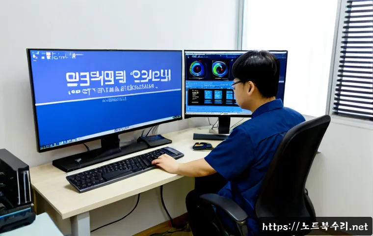 청천동 NTFS_FILE_SYSTEM - Photorealistic IT support workstation in a compact Cheongcheon-dong office, dual monitors showing a ...