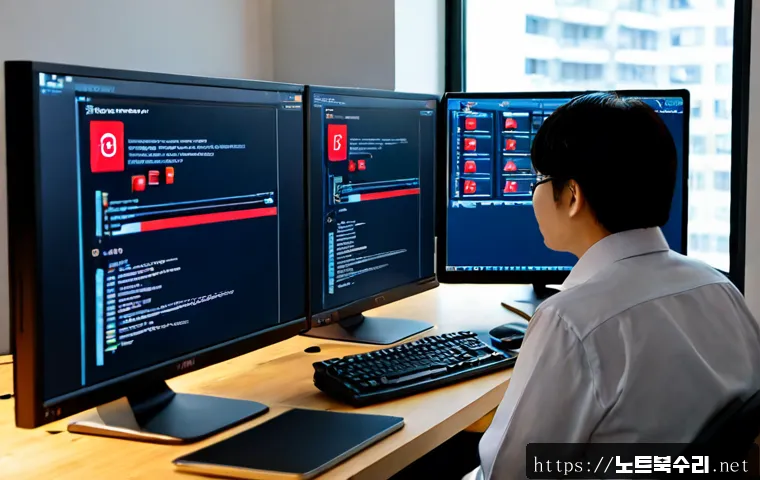 월계동 STATUS_KERNEL_MODULE_ACCESS_DENIED - Photorealistic IT support workstation in a compact Wolgye-dong apartment office, dual monitors showi...
