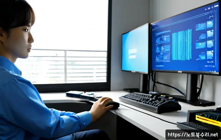 안중읍 PAGE_TABLE_CORRUPT - Photorealistic remote-support workstation in a modern Korean office near a low-rise township, dual m...
