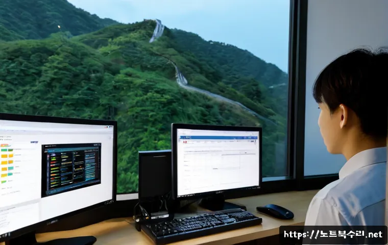 인헌동 STATUS_FILE_CORRUPTION - Photorealistic remote-support workstation in a compact Seoul apartment office, dual monitors showing...