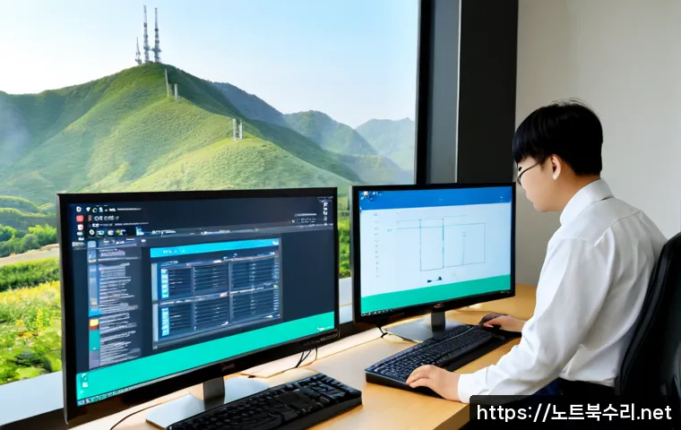 의정부 SESSION5_INITIALIZATION_FAILED - Photorealistic IT support workstation in a modern Uijeongbu office, dual monitors showing a blank so...