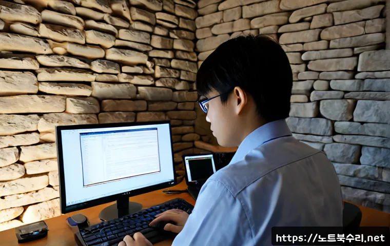 옥인동 STATUS_KERNEL_MODULE_NOT_FOUND - Photorealistic workstation in a compact hillside neighborhood office, software engineer studying a d...