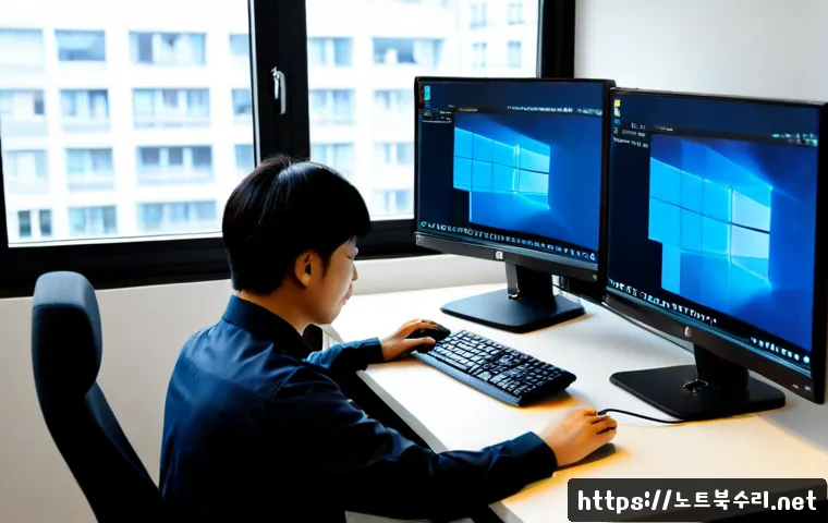 홍파동 윈도우11 windows11 재설치 포맷  초기화 - Photorealistic IT technician reinstalling Windows on a sleek desktop workstation in a compact Hongpa...