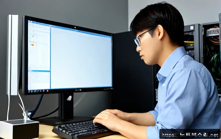 포동 STATUS_KERNEL_CONNECTION_TIMEOUT - Photorealistic IT support workstation in a compact modern office, frustrated technician observing a ...