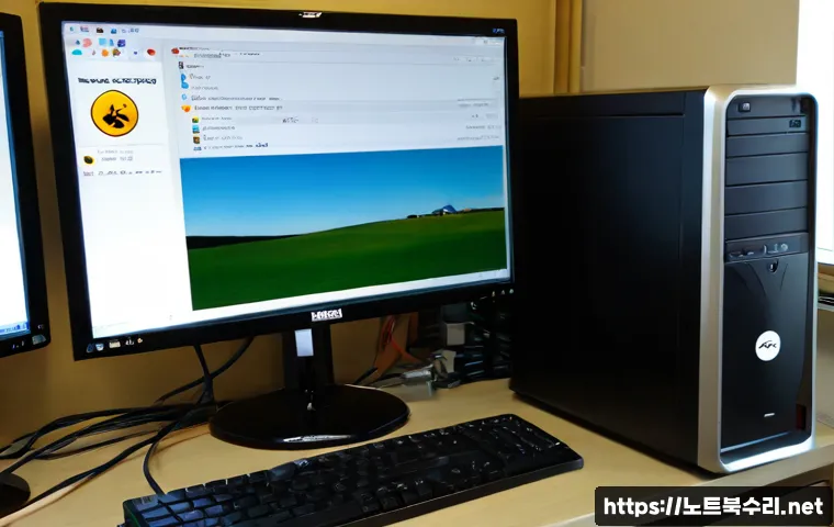 마산동 a disk read error occurred - Photorealistic PC repair workstation in a compact Masan-dong office, desktop monitor showing a blank...