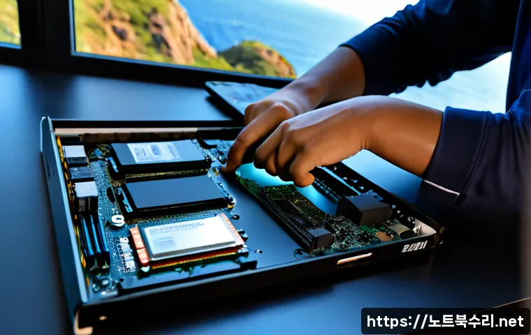 백령면 SSD조립 및 교체수리 - Photorealistic PC repair workstation in a compact island home office, technician installing a slim N...