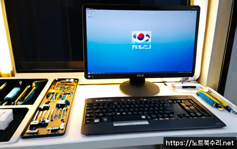 장안구 맥북프로 판매 및 수리 - Photorealistic electronics repair workstation in Jangan-gu, Suwon, a slim silver professional laptop...