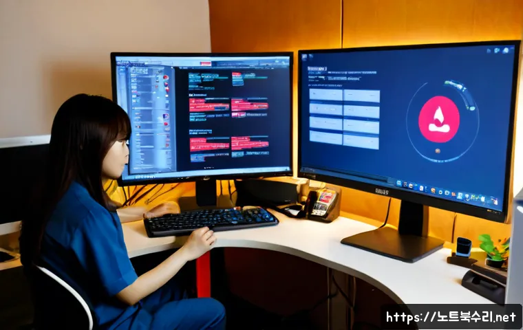 신천동 REGISTRY_ERROR - Photorealistic IT support workstation in a compact Sincheon-dong office, dual monitors displaying a ...