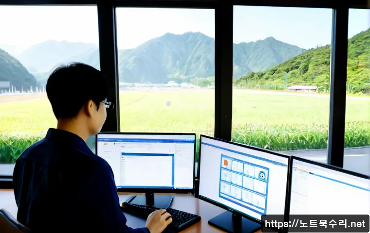 포천시 STATUS_KERNEL_PERMISSION_DENIED - Photorealistic IT support workstation in Pocheon, Korea, dual monitors showing abstract permission-d...