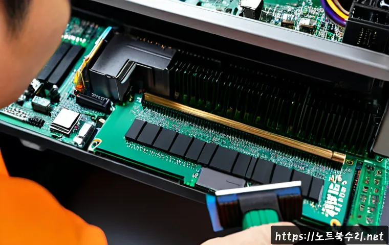 반정동 RAM조립 및 교체수리 - Photorealistic close-up of a skilled computer technician installing matched RAM modules into a clean...