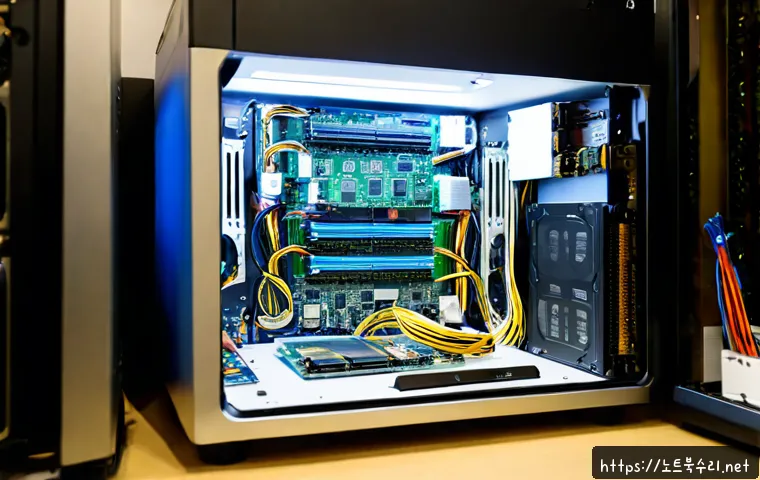 영등포동 하드조립 및 교체수리 - Photorealistic PC repair workstation in a compact Yeongdeungpo-dong electronics shop, technician ins...