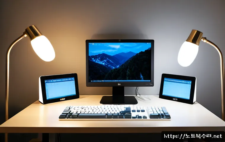 서림동 Press Ctrl Alt Del to restart - Photorealistic Seorim-dong apartment workstation at dusk, a designer pressing three unmarked keyboar...