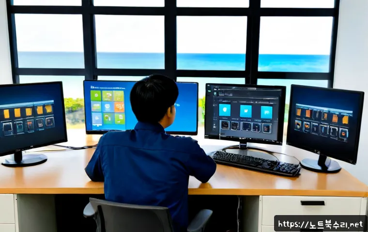 옹진군 STATUS_INVALID_LOCK_SEQUENCE - Photorealistic remote-support workstation in a quiet island county office, IT specialist examining a...