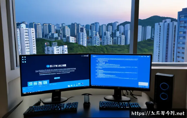 선부동 STATUS_KERNEL_HANDLE_INVALID - Photorealistic IT support workstation in a compact Seonbu-dong apartment office, dual monitors showi...