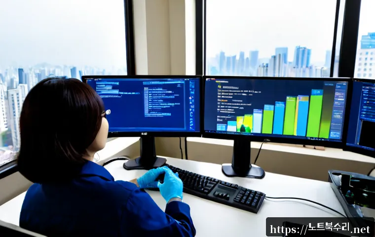 덕양구 POOL_HEADER_CORRUPTION - Photorealistic IT support workstation in Deogyang-gu, dual monitors showing a text-free memory diagn...