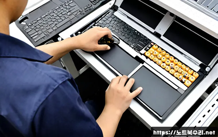신곡동 맥북프로 판매 및 수리 - Photorealistic premium laptop repair bench in a compact electronics service shop, technician careful...