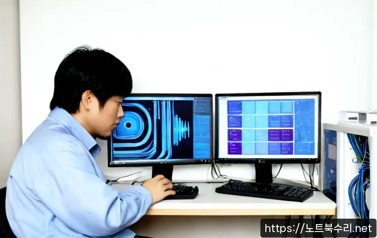 방학동 STATUS_KERNEL_SECURITY_CHECK - Photorealistic IT support workstation in a quiet northern Seoul apartment office, dual monitors show...