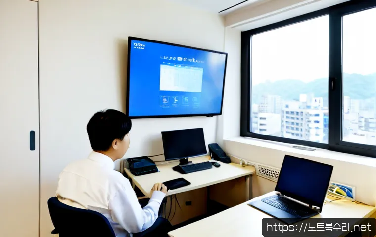 병점동 STATUS_KERNEL_REGISTRY_ERROR - Photorealistic IT support workstation in a compact Byeongjeom-dong office, dual monitors showing abs...