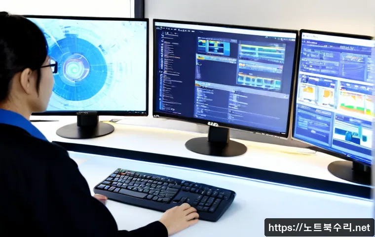 자일동 STATUS_KERNEL_EXECUTION_ERROR - Photorealistic IT technician at a modern workstation, dual monitors showing abstract crash diagnosti...