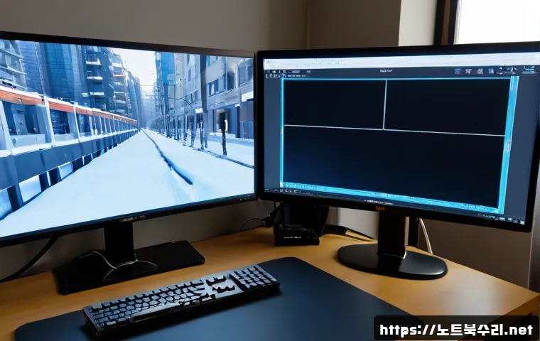 풍산동 VIDEO_TDR_FAILURE - Photorealistic remote IT support workstation in Pungsan-dong, a dual-monitor desktop showing a froze...