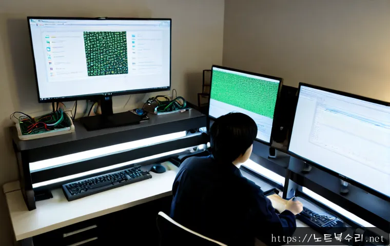 장남면 KERNEL_MODE_HEAP_CORRUPTION - Photorealistic IT support workstation in a quiet semi-rural Korean office near low green hills, dual...