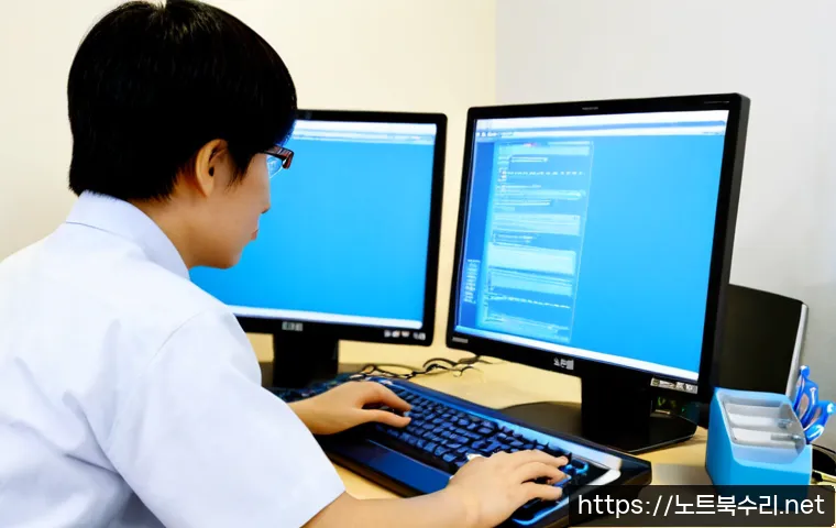 증포동 STATUS_KERNEL_DEBUG_FAILURE - Photorealistic IT support workstation in a compact Korean suburban office, technician studying a dua...