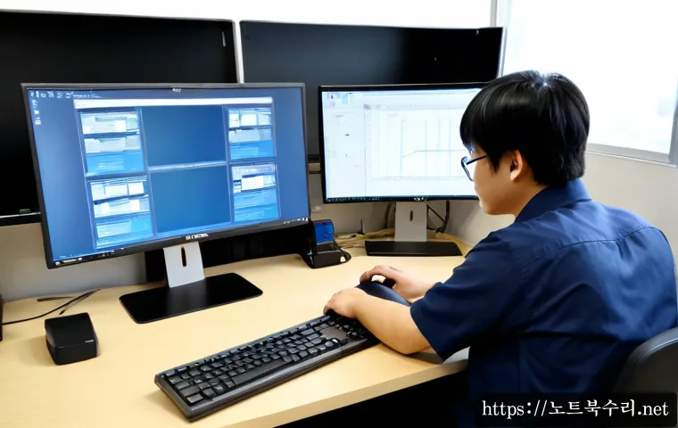 시천동 STATUS_KERNEL_CONFIGURATION_ERROR - Photorealistic IT support workstation in a compact Korean office near a quiet neighborhood district,...
