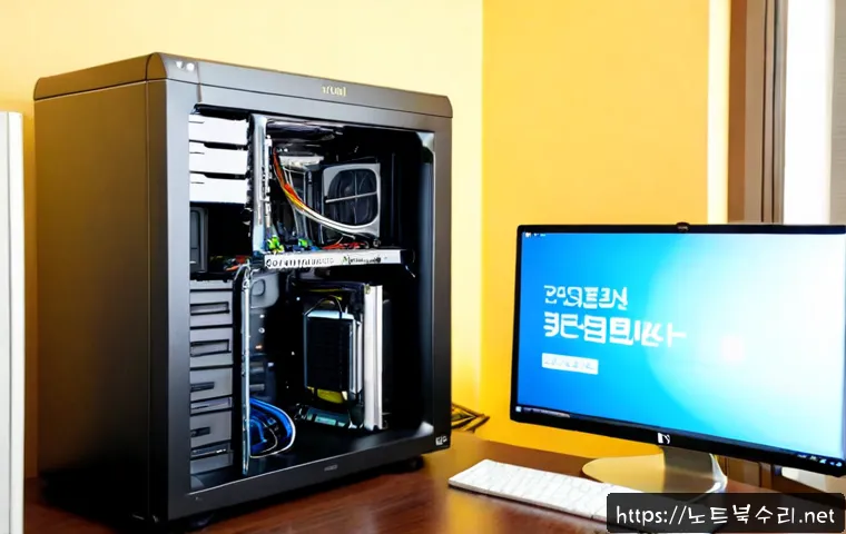 무지내동 컴퓨터 desktop 출장방문수리점 - Photorealistic desktop computer repair technician servicing an open tower PC beside a tidy home-offi...