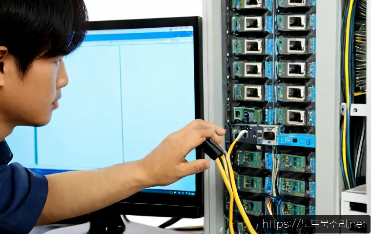 안산시 케이블연결확인 - Photorealistic IT support workstation in Ansan, technician carefully reseating Ethernet and display ...