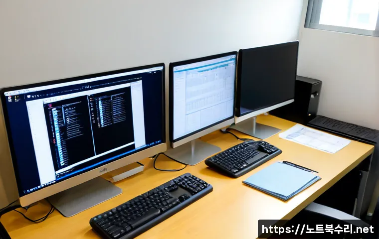 충신동 STATUS_SYSTEM_FILE_MISSING - Photorealistic IT support workstation in a compact Chungsin-dong office, dual monitors showing a bla...