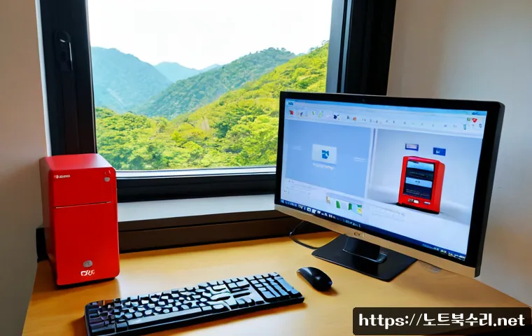관악구 STATUS_DISK_FULL - Photorealistic remote-support workstation in a compact Gwanak-gu apartment office, desktop monitor s...