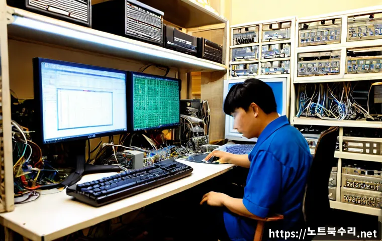 황학동 STATUS_KERNEL_THREAD_TIMEOUT - Photorealistic computer repair workstation in an old electronics-market district, technician examini...