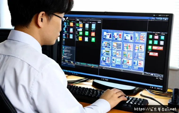 팔달구 STATUS_KERNEL_BLOCKED - Photorealistic IT support workstation in a compact Paldal-gu office, technician reviewing a dark sys...