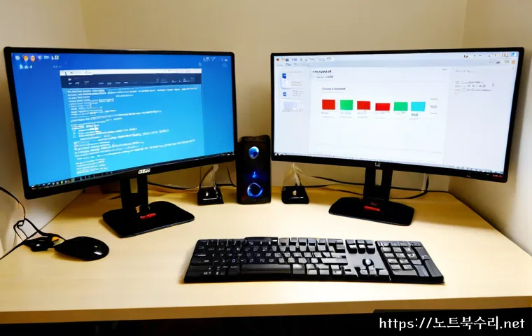 석촌동 STATUS_FILE_CORRUPTION - Photorealistic remote-support workstation in a compact Seoul apartment office, dual monitors showing...