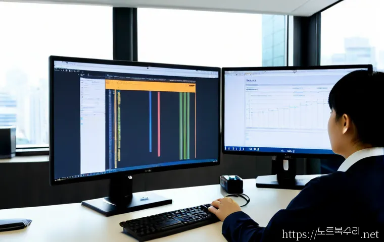 의주로 STATUS_FILE_INVALID - Photorealistic IT support workstation in a modern office near Euijuro, dual monitors showing abstrac...