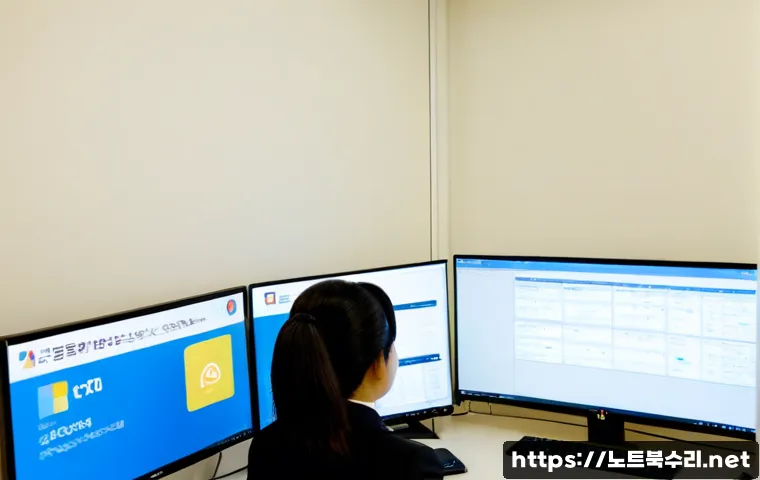 도화동 MULTIPLE_IRP_COMPLETE_REQUESTS - Photorealistic IT support workstation in a compact Mapo district office, dual monitors showing abstr...