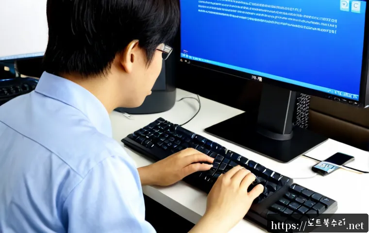 청운면 윈도우7 windows7 재설치 포맷  초기화 - Photorealistic IT technician reinstalling a legacy Windows-style operating system on a desktop works...