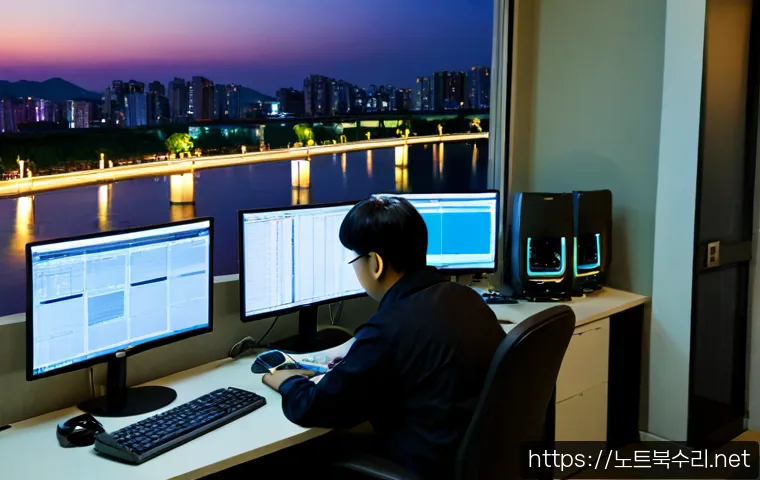 신길동 STATUS_INVALID_DISPOSITION - Photorealistic IT support workstation in a compact apartment office near a dense riverside residenti...