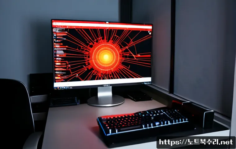 유동 STATUS_KERNEL_HANDLE_INVALID - Photorealistic IT technician at a modern workstation, studying a desktop monitor with a clean abstra...