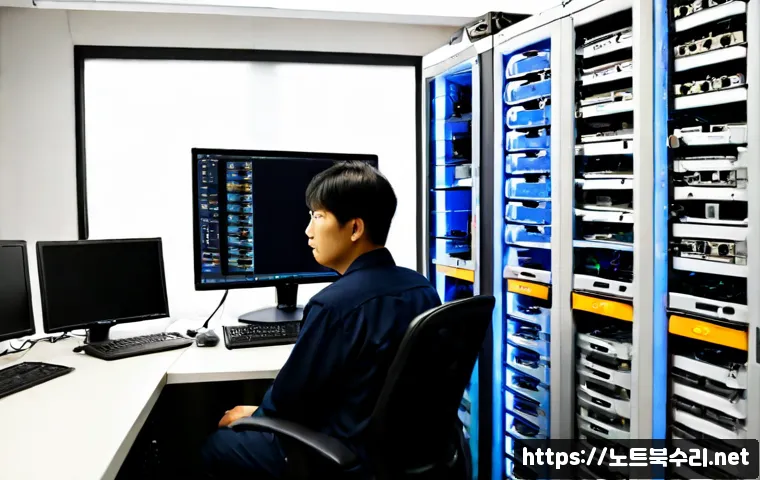 송학동 NAS출장방문수리점 - Photorealistic onsite NAS repair workstation in a compact Songhak-dong office, technician connecting...