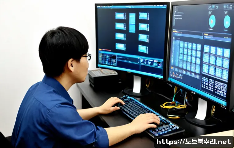 광남동 STATUS_KERNEL_MODULE_NOT_FOUND - Photorealistic IT support workstation in a modern Gwangnam-dong office, engineer studying a dark dia...