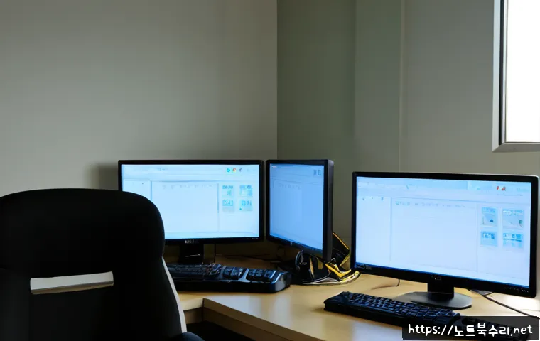 염창동 SESSION3_INITIALIZATION_FAILED - Photorealistic IT support workstation in a quiet Yeomchang-dong office near the Han River, dual moni...