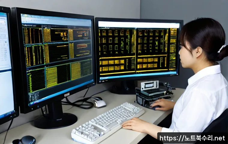 원효로 ATTEMPTED_EXECUTE_OF_NOEXECUTE_MEMORY - Photorealistic IT support workstation in a compact Yongsan electronics-office setting, dual monitors...
