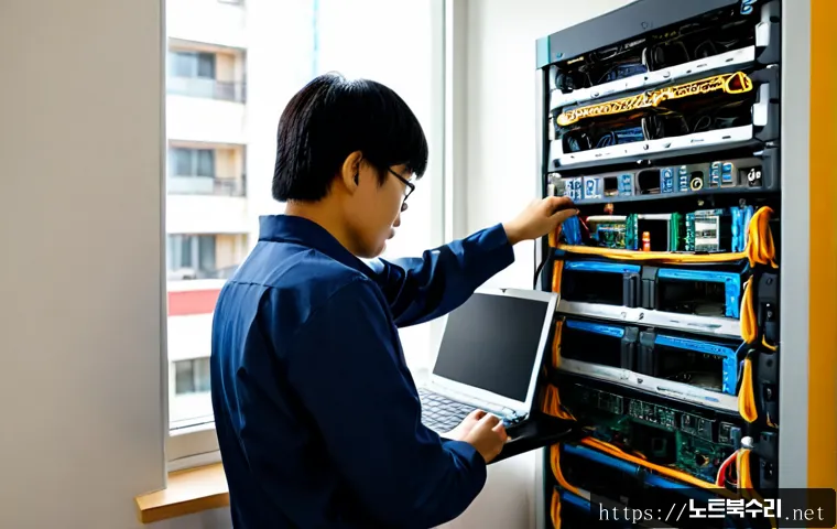 역곡3동 파일서버출장방문수리점 - Photorealistic on-site file server repair in a compact Yeokgok residential office, technician connec...