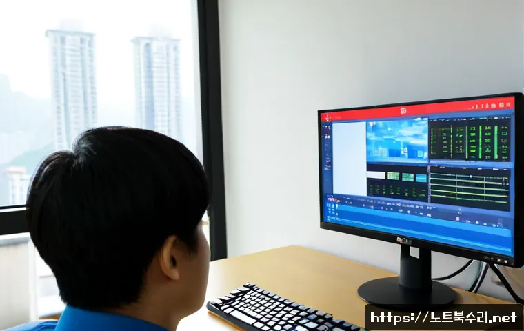 검암동 입력신호가 없습니다 - Photorealistic IT support workstation in a modern apartment near Geomam, desktop monitor displaying ...