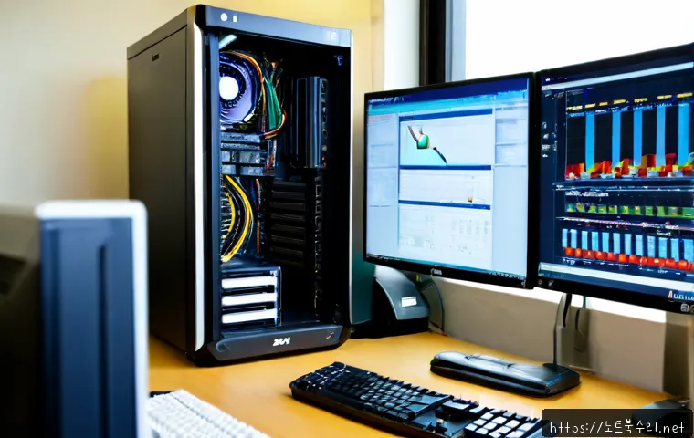 진접읍 NMI_HARDWARE_FAILURE - Photorealistic IT support workstation in a quiet Jinjeop-eup office, technician diagnosing an open d...