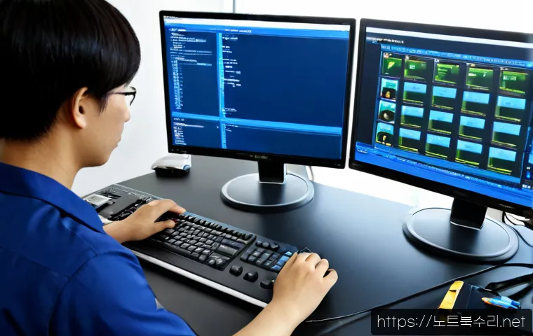 율전동 STATUS_KERNEL_RESOURCE_ERROR - Photorealistic IT support workstation in a compact university-district office, dual monitors showing...