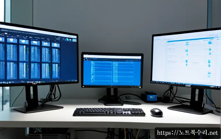 내수동 STATUS_KERNEL_RESOURCE_ERROR - Photorealistic IT support workstation in a compact Insu-dong office, dual monitors showing a blank b...
