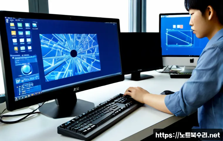 우정읍 WATCHDOG_VIOLATION - Photorealistic industrial CAD workstation in a quiet semi-rural Korean office, dual monitors showing...